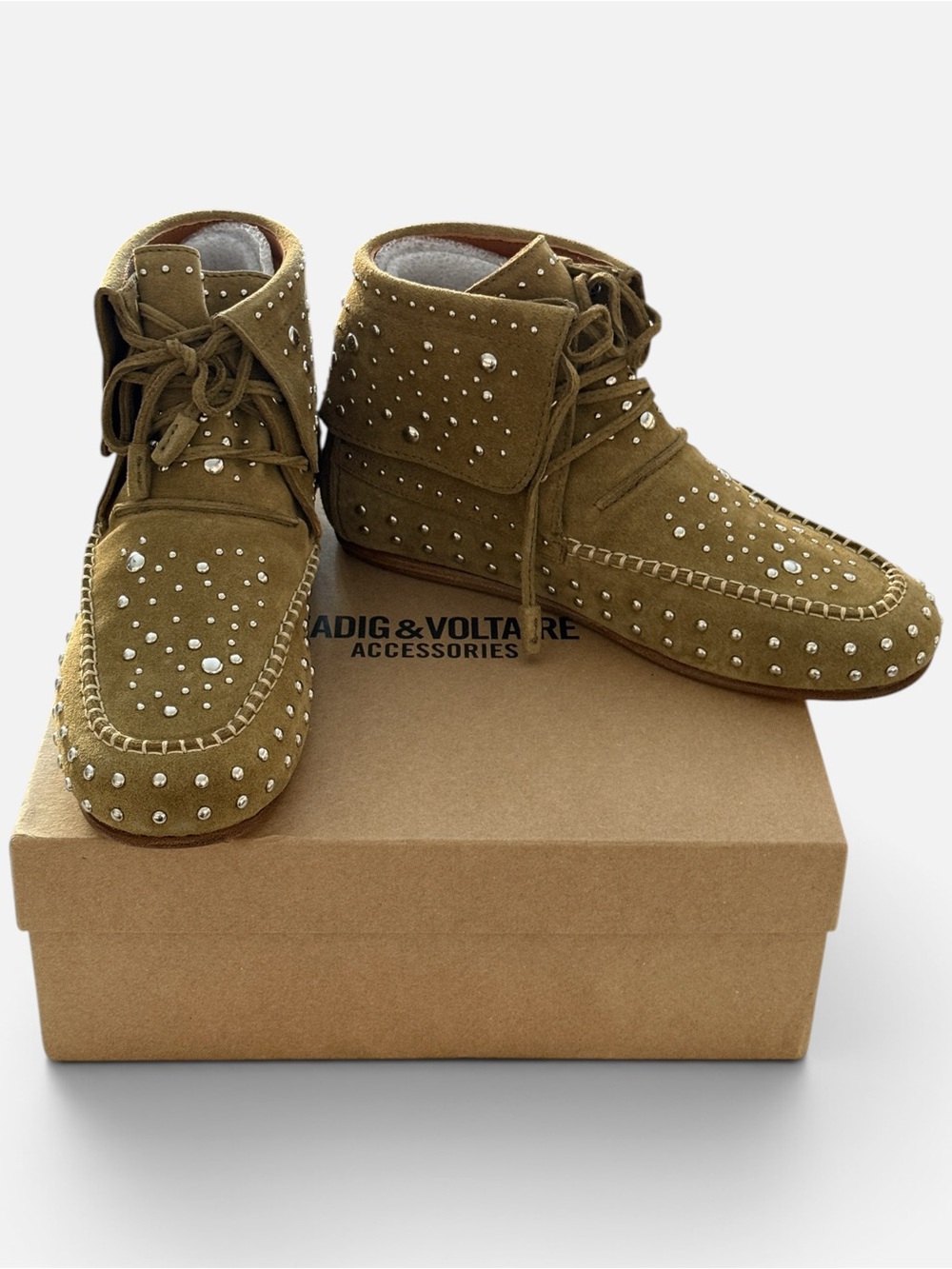 Zadig & Voltaire Tan Suede Santa Fe Dream Studs Bootie Moccasins 40 New in Box! - Picture 4 of 12